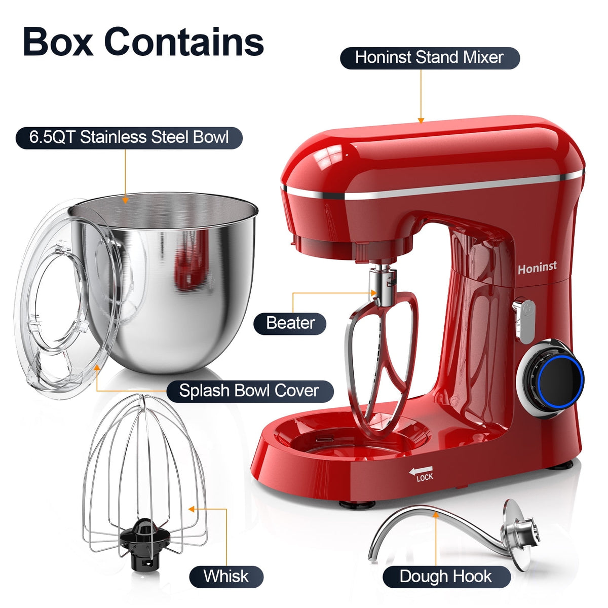 Honinst 6.5 QT Electric Stand Mixer, 10+P Speeds Lightweight with Tilt-Head Kitchen Stand Mixer, Dough Hook, Whisk, Beater and Bowl, Food Mixer for Baking, Cake and Most Home Cooks