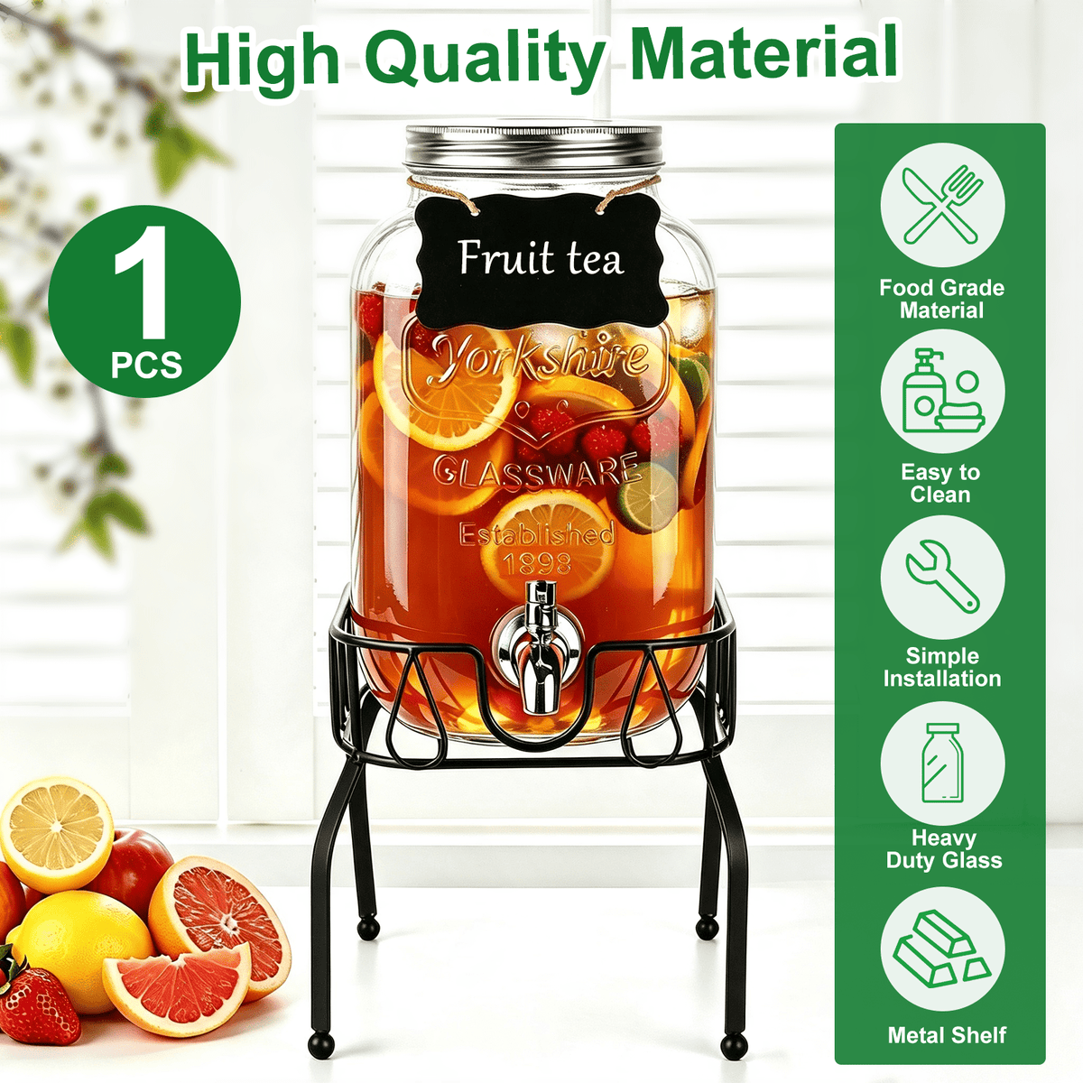 1 Gallon Glass Drink Dispensers for Parties, TAIMASI 2 Pack Beverage Dispenser with Stand & Stainless Steel Spigot, Leakproof Lemonade Drink Dispenser for Sun Tea, Homemade Juice