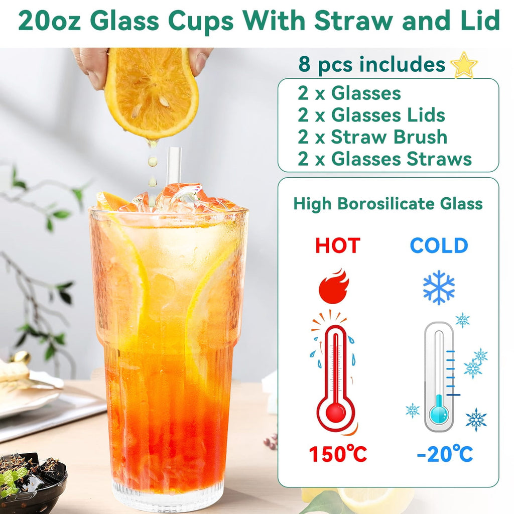 2 Piece 20 oz Glass Cups with Lid and Straw,High Borosilicate Tumbler, Iced Coffee Cup, Beer Glasses,Water Smoothie,Clear