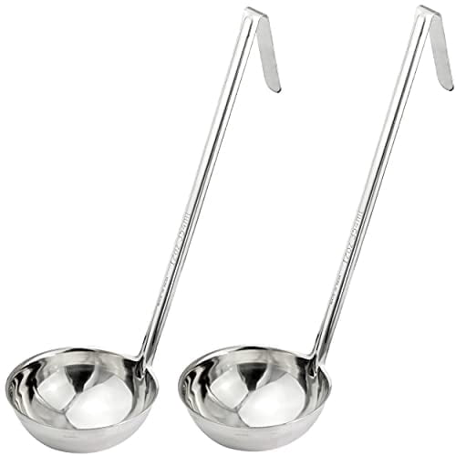 [2 Pack] 6 Oz Stainless Steel Soup Ladle - One-Piece Sauce Spatula with Hook Handles, Commercial Grade Serving Spoon, Kitchen Tool for Restaurant or Home Cooking, Mirror Finish, 14.25" Long