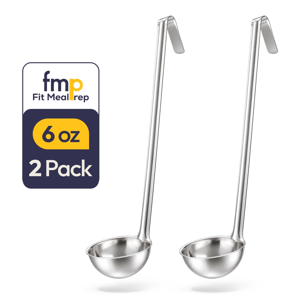 [2 Pack] 6 Oz Stainless Steel Soup Ladle - One-Piece Sauce Spatula with Hook Handles, Commercial Grade Serving Spoon, Kitchen Tool for Restaurant or Home Cooking, Mirror Finish, 14.25" Long