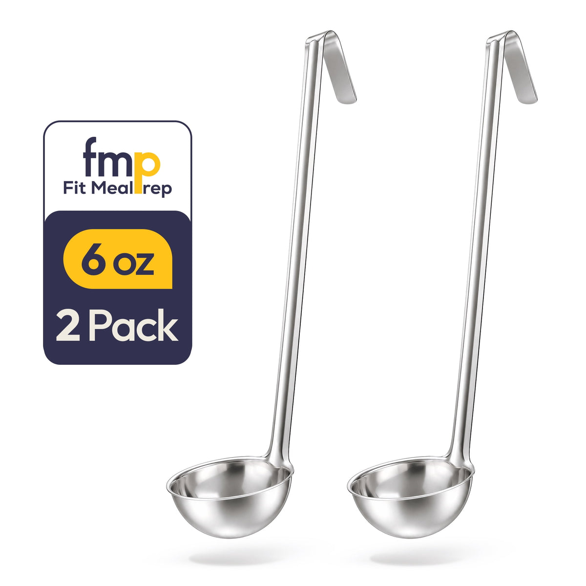 [2 Pack] 6 Oz Stainless Steel Soup Ladle - One-Piece Sauce Spatula with Hook Handles, Commercial Grade Serving Spoon, Kitchen Tool for Restaurant or Home Cooking, Mirror Finish, 14.25" Long