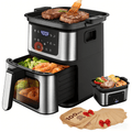 2-in-1 Air Fryer Grill Combo with Flip Plate, Viewing Window, 8 Presets, Nonstick Basket, 100 Liners Gift, Healthy Oil-Less Cooking for Family Meals