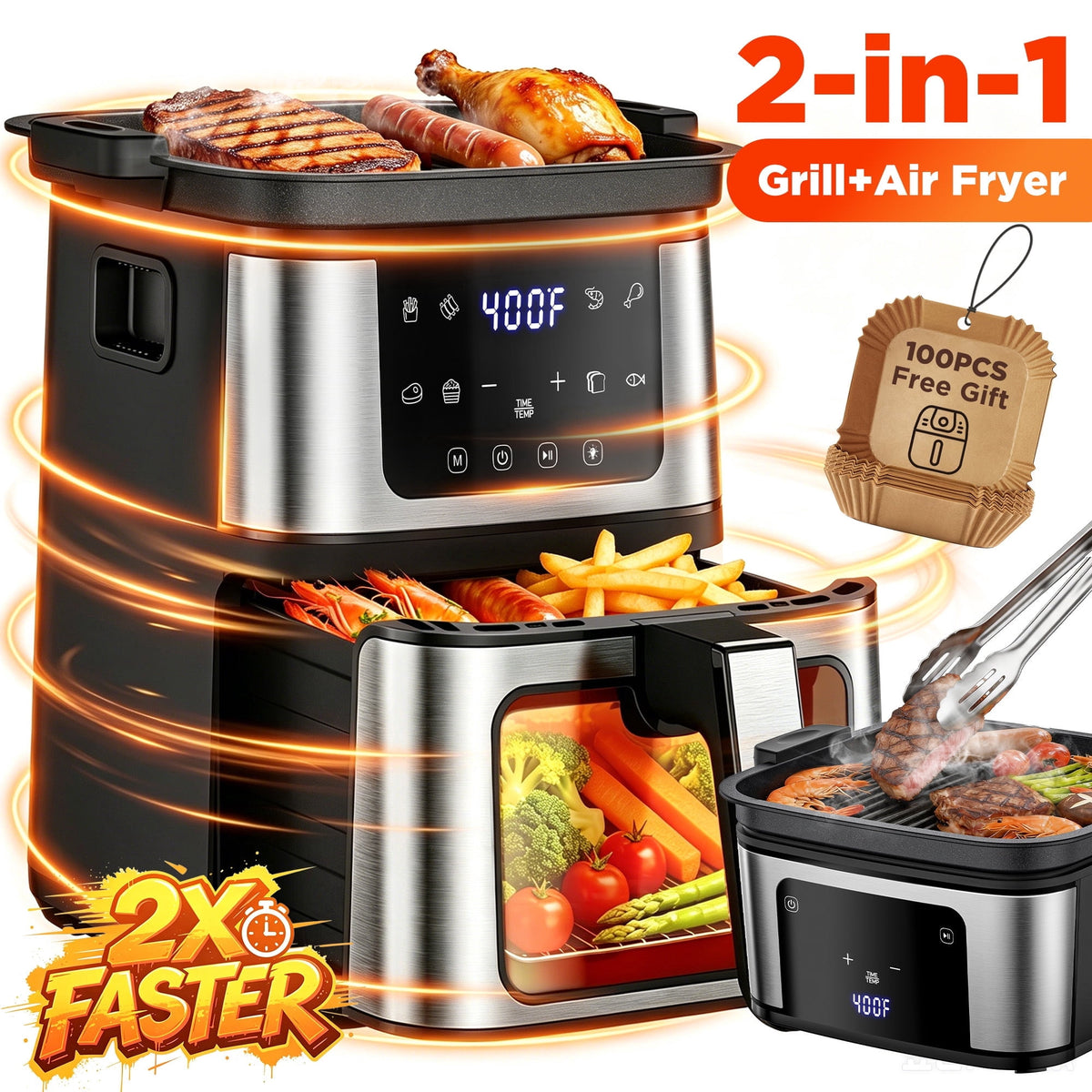 2-in-1 Versatility Digital Air Fryer & Grill, 2X Faster Cooking, 7.5 QT Air Fryer, Nonstick Basket + 100 Liners, 8 Present Cookings Air Fryer,Black
