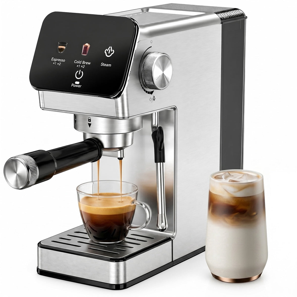 20-Bar Espresso Machine with Rapid Cold Brew, Stainless Steel Coffee Maker, 40oz Removable Water Tank for Cappuccino & Latte, Silver