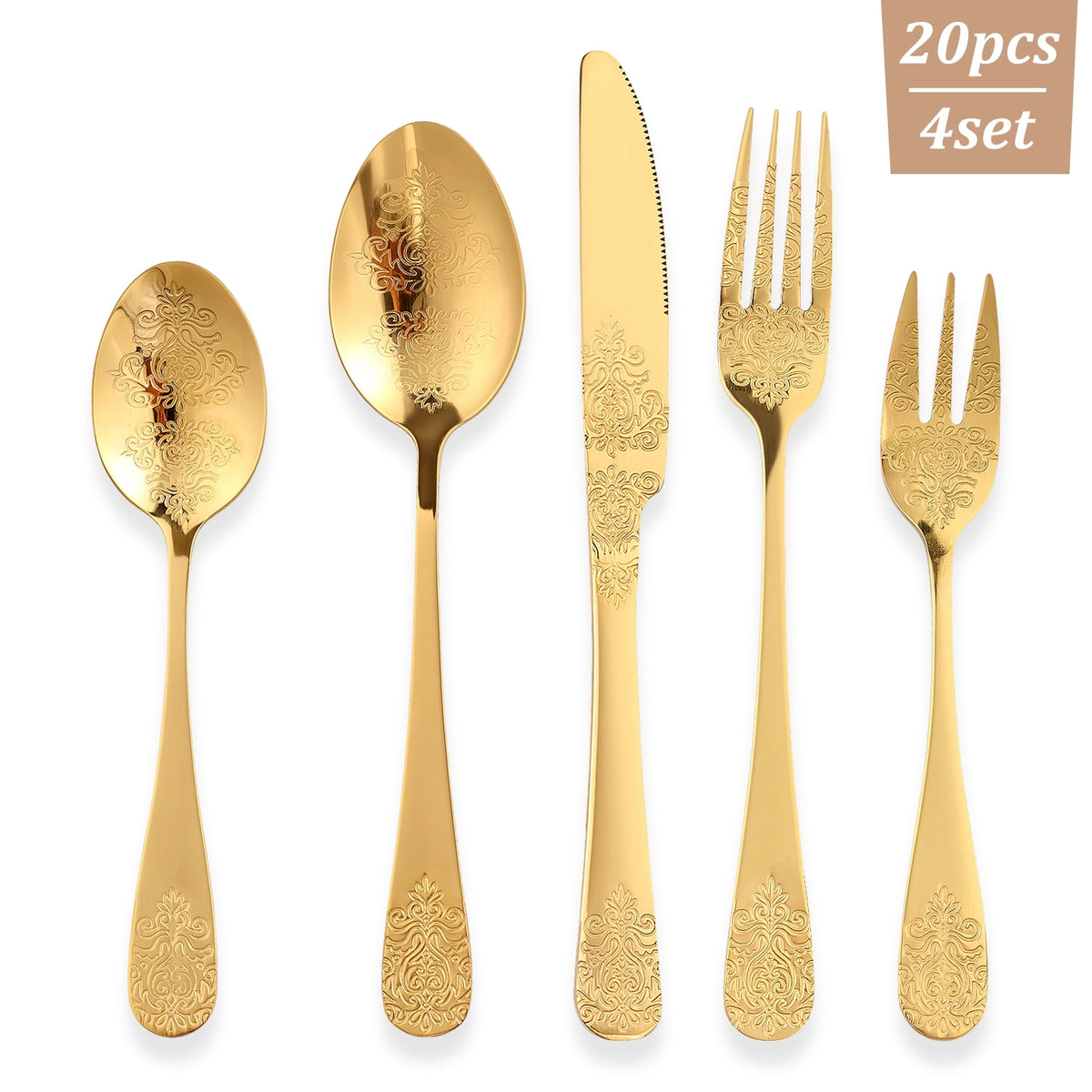 20 Pcs Floral Silverware Set Including Fork Spoon and Knife Stainless Steel Flatware Set Vintage Cutlery Set Mirror Polished Utensil Set for Kitchen Dishwasher Safe Service for 4