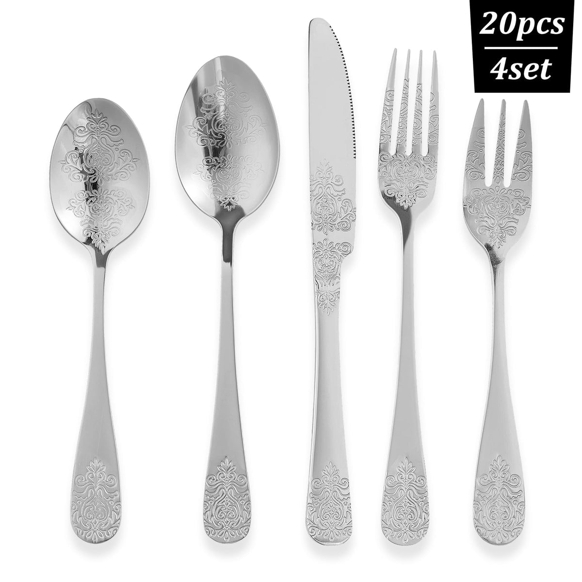 20 Pcs Floral Silverware Set Including Fork Spoon and Knife Stainless Steel Flatware Set Vintage Cutlery Set Mirror Polished Utensil Set for Kitchen Dishwasher Safe Service for 4