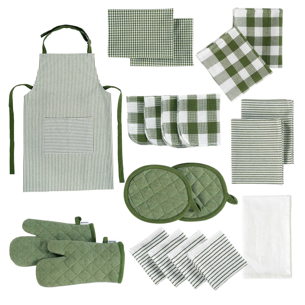 20 Piece Kitchen Towel Set - Cotton Dish Towels, Heat Resistant Kitchen Mittens and Pot Holder Set, Apron for Women with Pockets , Absorbent Dish Towels for Kitchen Drying - Olive