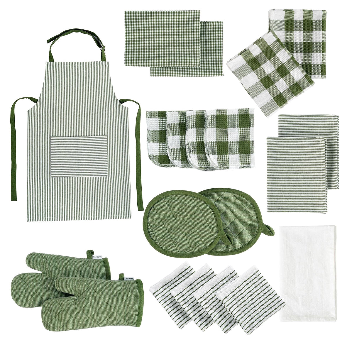 20 Piece Kitchen Towel Set - Cotton Dish Towels, Heat Resistant Kitchen Mittens and Pot Holder Set, Apron for Women with Pockets , Absorbent Dish Towels for Kitchen Drying - Olive
