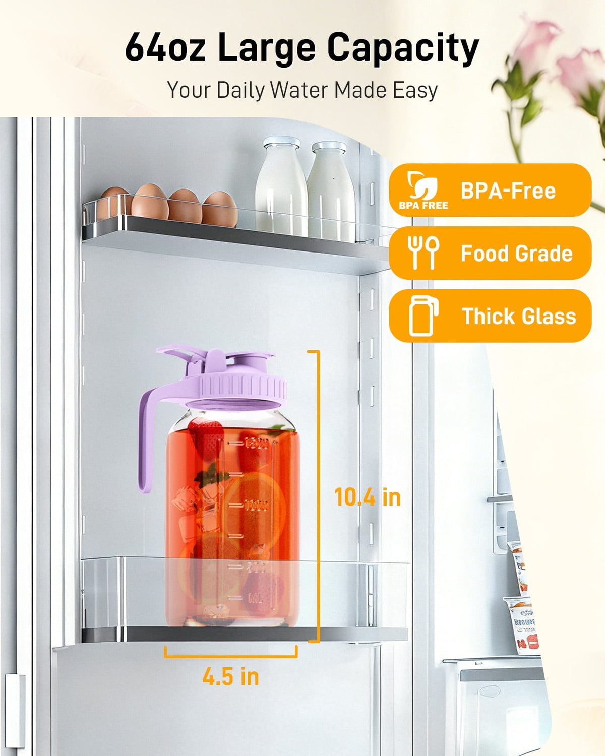 VA1KENE Glass Pitcher with Lid, Mason Jar Pitcher with Spout and Handle for Lemonade, Iced Drinks, and Sun Tea 64oz Gray
