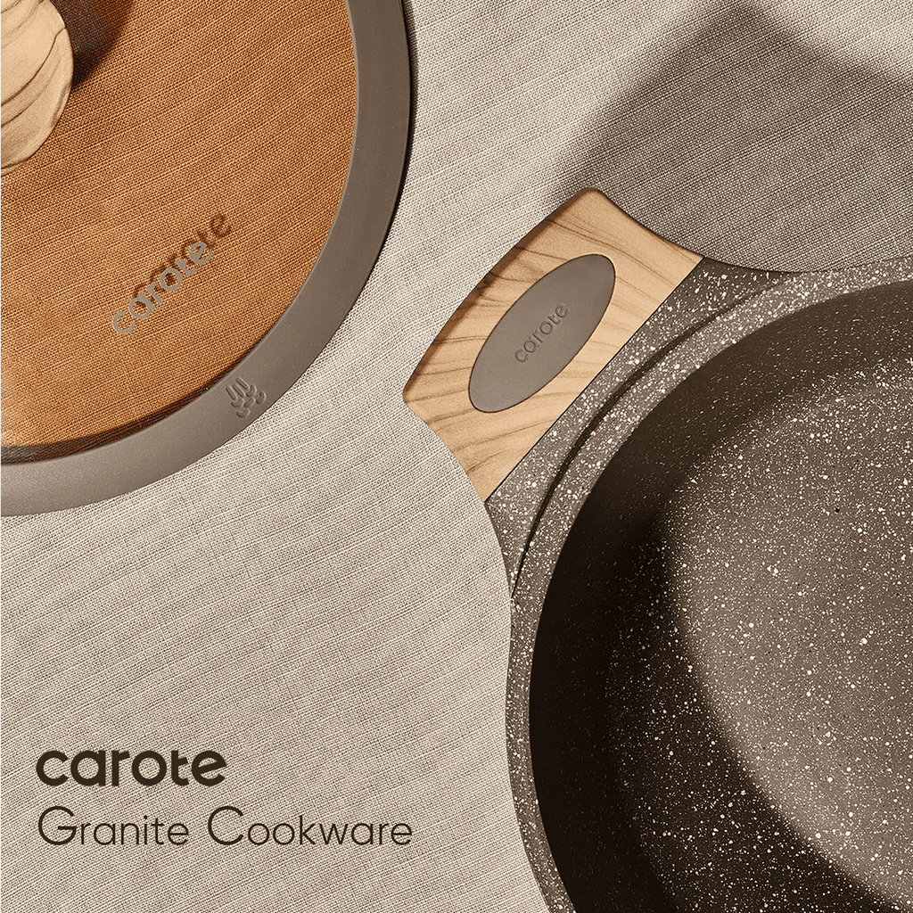 Carote 18-Piece Nonstick Pots and Pans, Granite Cookware Set with Kitchen Utensils, Brown