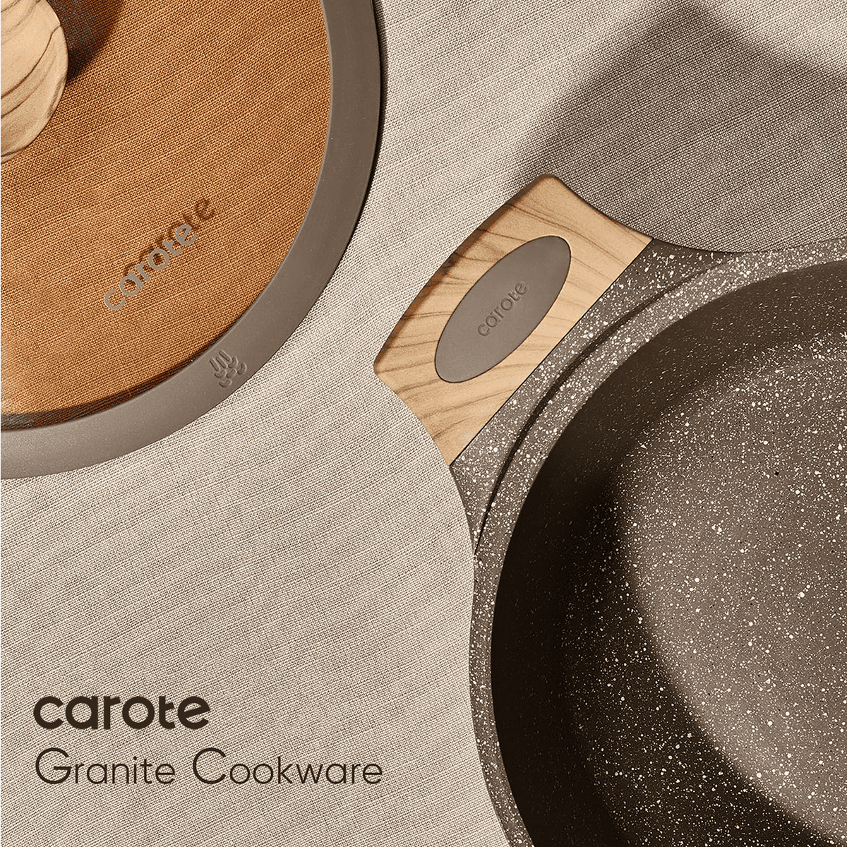 Carote 18-Piece Nonstick Pots and Pans, Granite Cookware Set with Kitchen Utensils, Brown