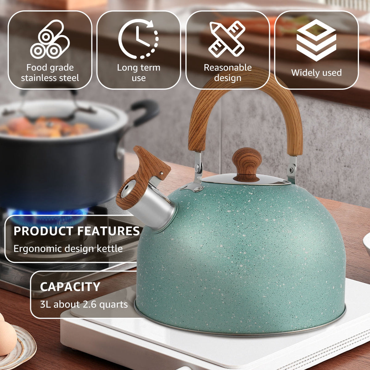 2.6 QT Tea Kettle Stainless Steel Whistling Tea Kettle with Stay Cool Handle Fast Boiling Tea Pot Large Capacity Teapot Stovetop Water Boiler for Stove Top Home Kitchen
