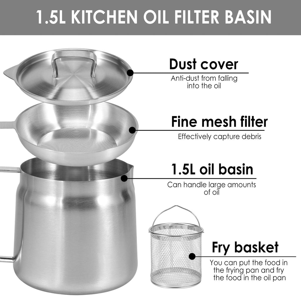 68oz Oil Strainer Pot 304 Stainless Steel Oil Grease Container Can with Filter Lid and Frying Basket Oil Container Can for Storing Frying Cooking Grease