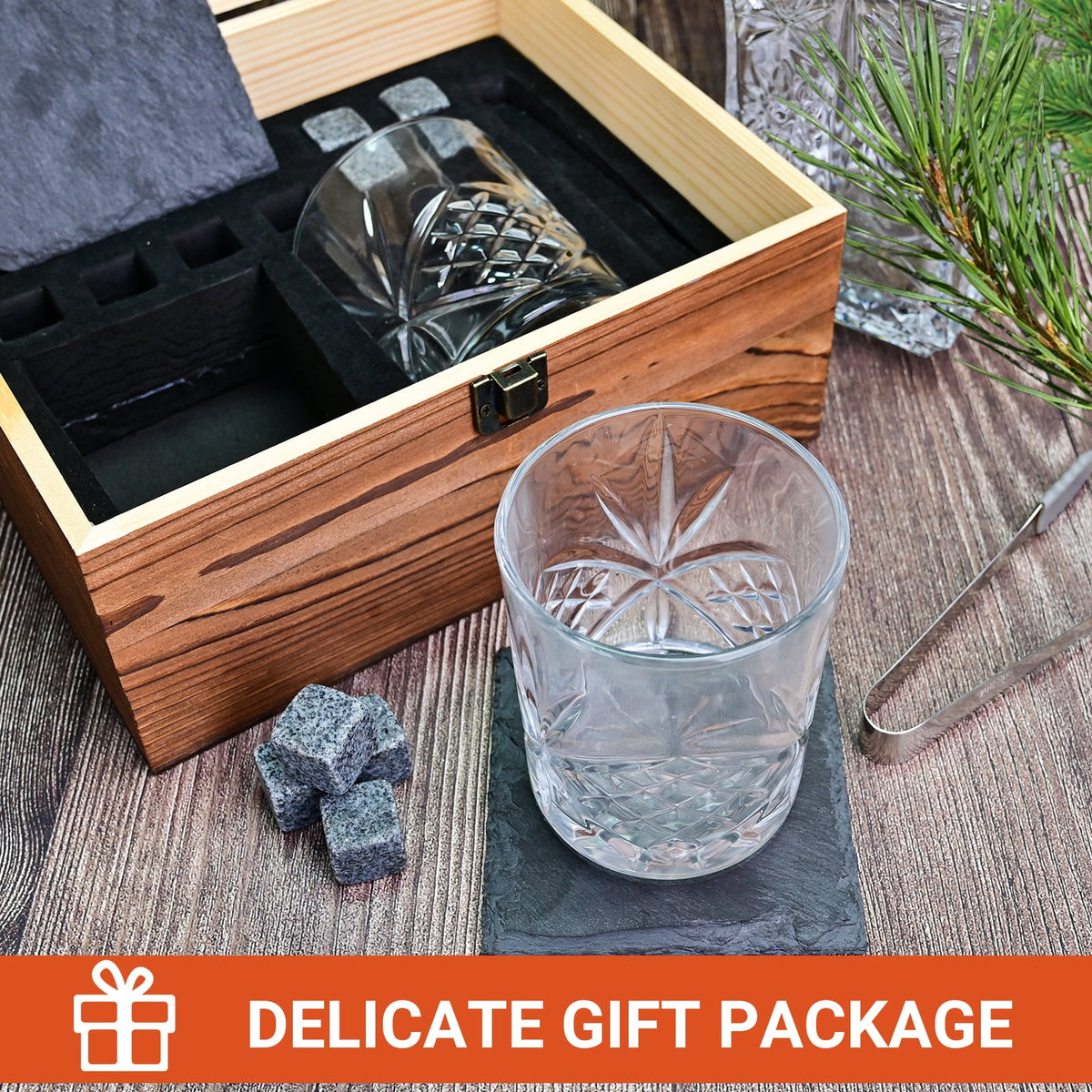TINANA Whiskey Glass Set Gifts for Men: 11 OZ Scotch Glass, Old Fashioned Whiskey Glasses for Birthday Decorations,Ideal Gifts for Him,Dad,Husband,with Wooden Box,Chilling Stones,Coaster