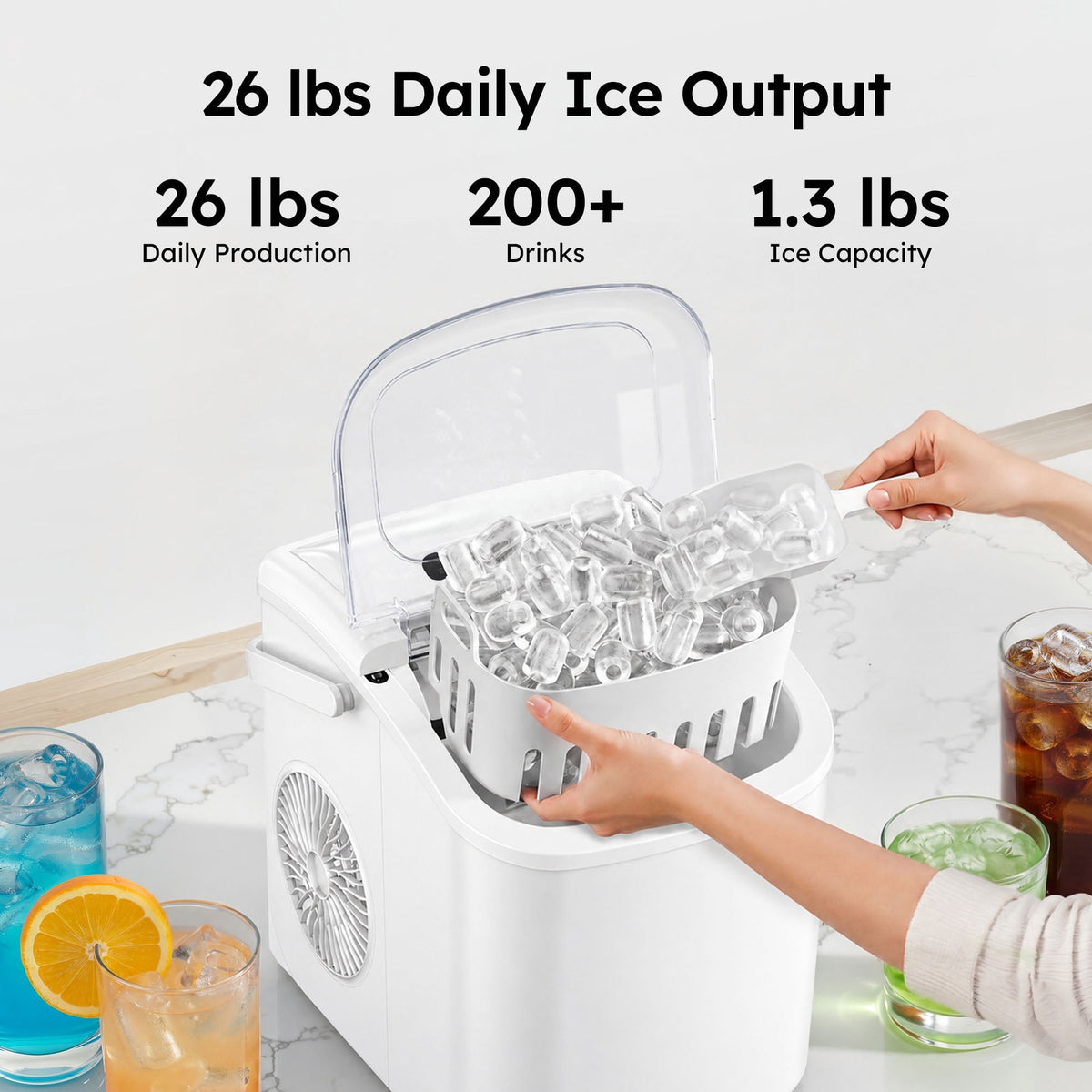 Simzlife Countertop Ice Maker, 26 Lbs/24H, 9 Bullet-Shaped Ice Cubes in 6 Minutes, Auto-Cleaning Ice Machine, Black