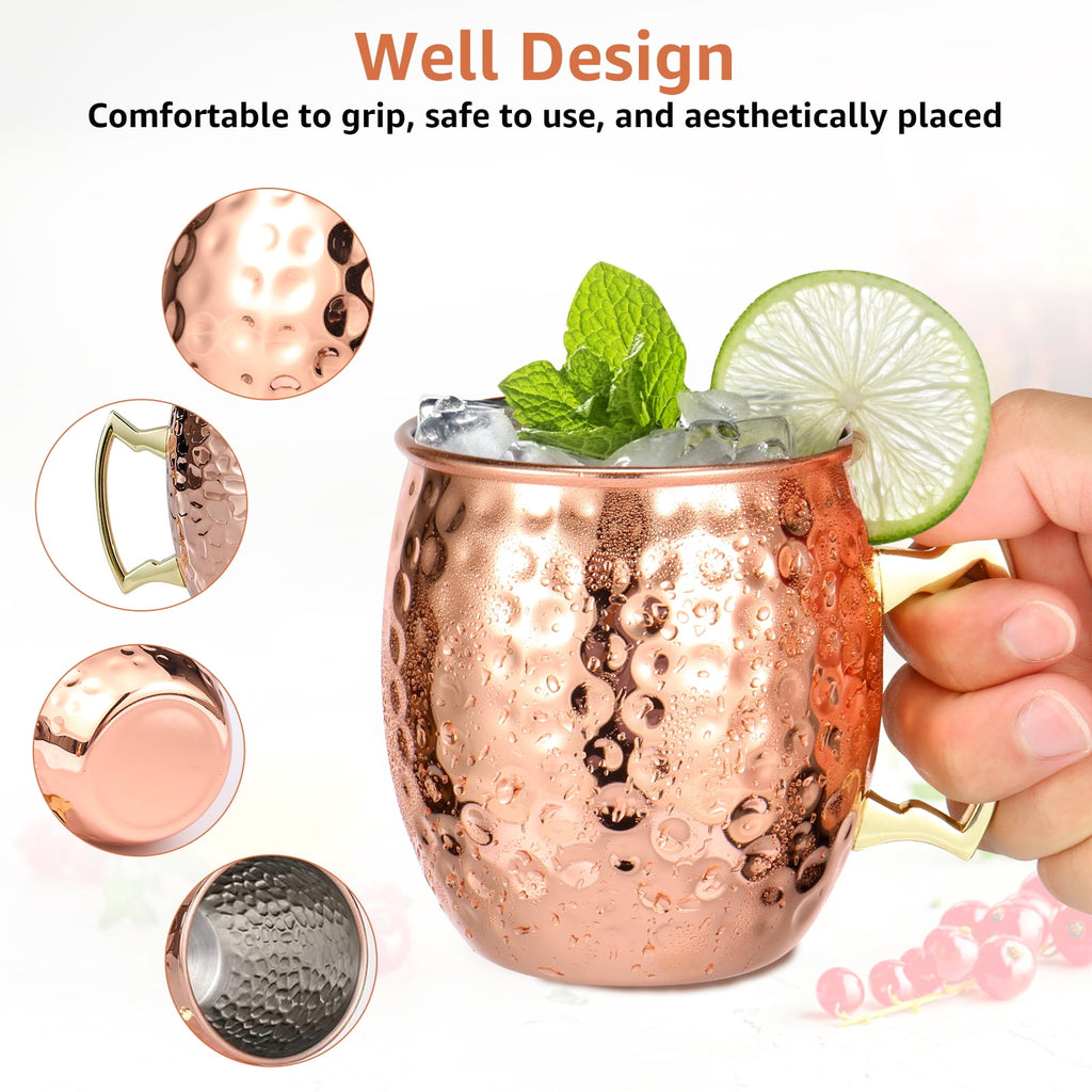 Jetcloudlive Moscow Mule Mugs Set of 2,16 oz Hammered Copper Cups with 304 Stainless Steel Lining and Gold Brass Handles,Perfect for Cold Drinks,Beer,Wine,Bars,Parties,Gifts