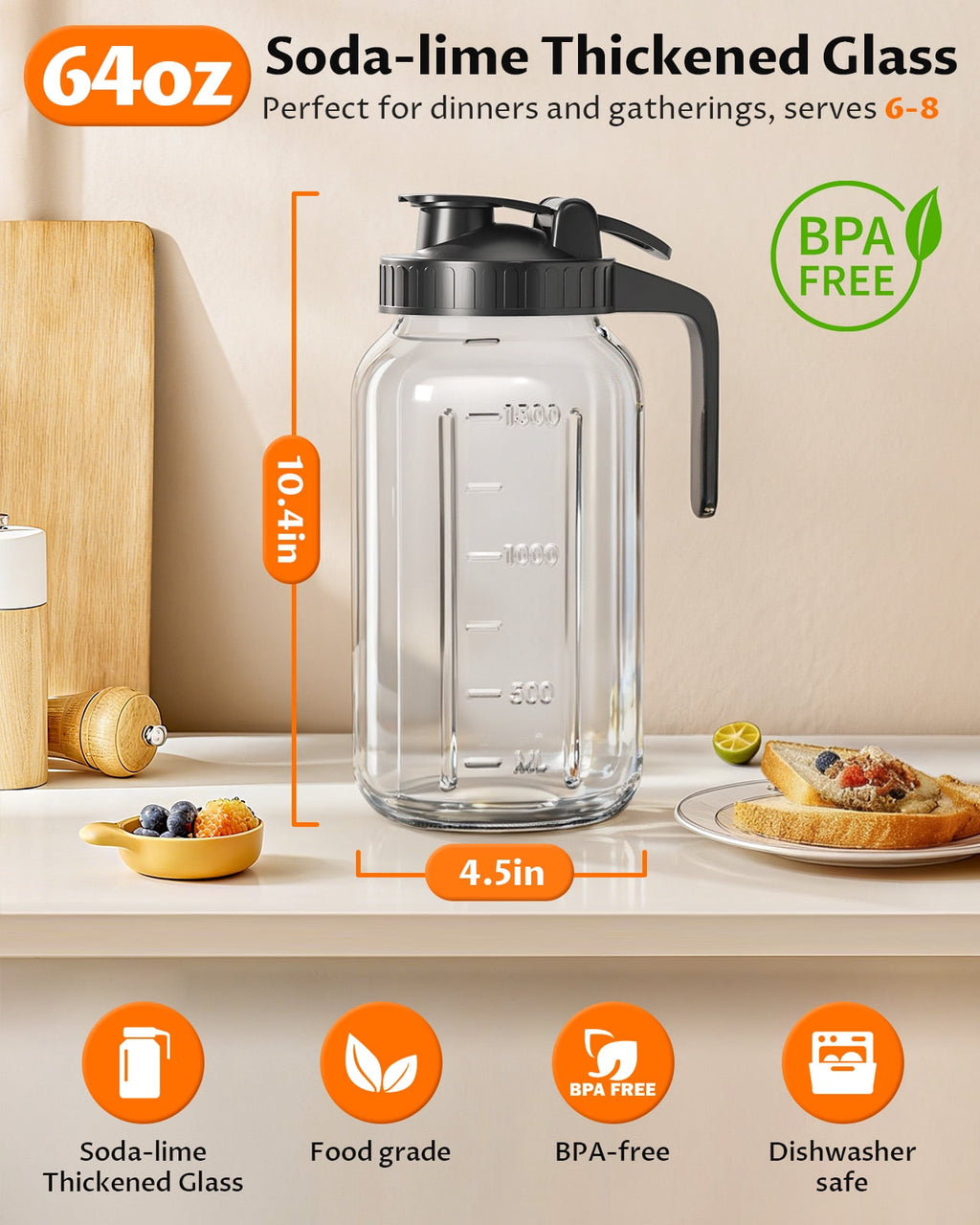 VA1KENE Glass Pitcher with Lid, Mason Jar Pitcher with Spout and Handle for Lemonade, Iced Drinks, and Sun Tea 64oz Gray