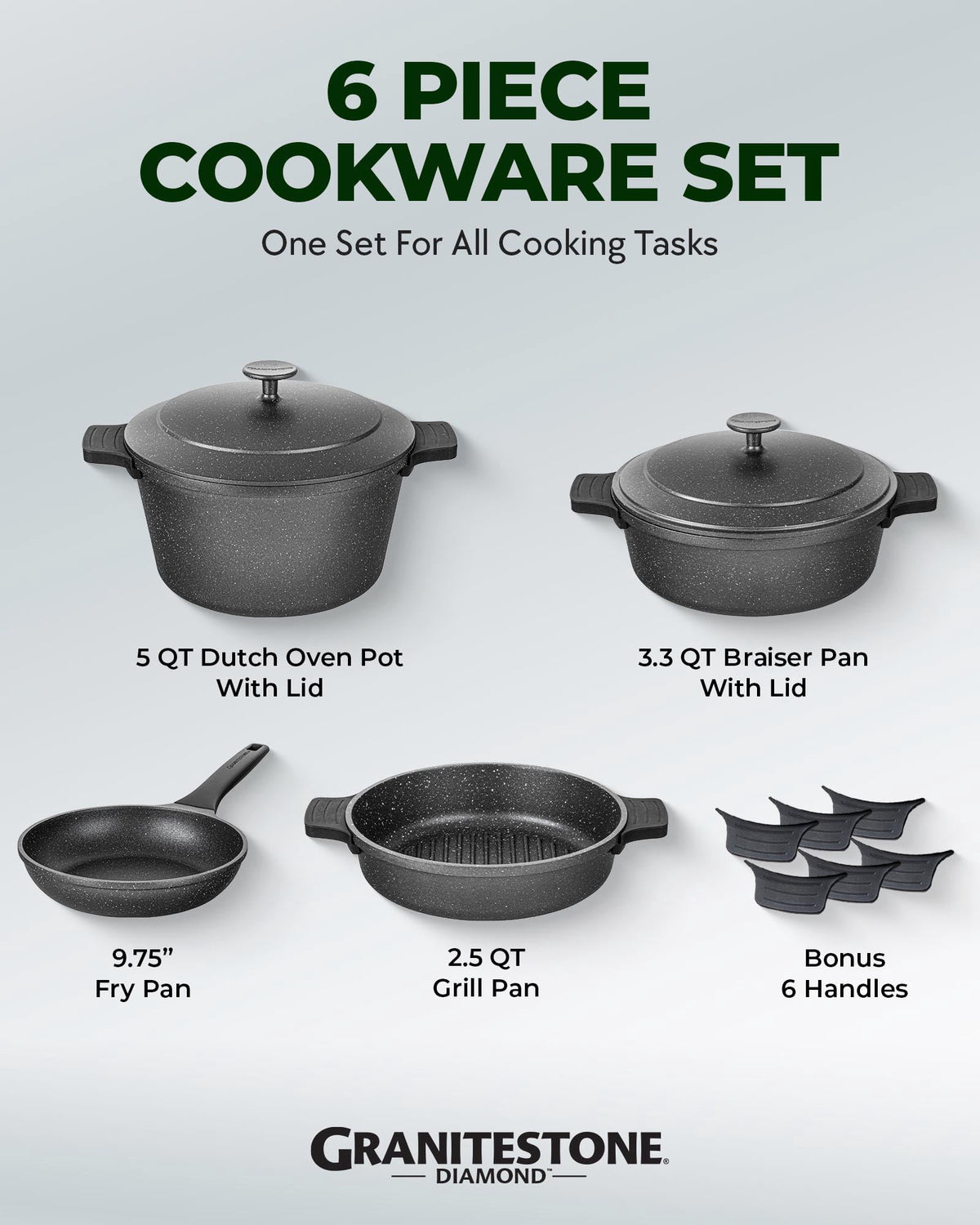 Granitestone 6Pcs Pots and Pans Set Nonstick, Nesting Ceramic Cookware Set Nonstick, Induction & Oven Safe, Save 25% Space by Nesting, Black