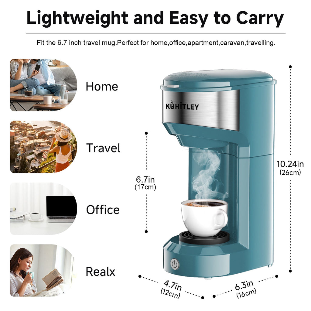 MINI Single Serve Coffee Maker,Instant Coffee Maker One Cup for K Cup & Ground Coffee,Portable Capsule Coffee Machine with 6 to 14oz Reservoir,90 Seconds Fast Brewing and One Button Operation