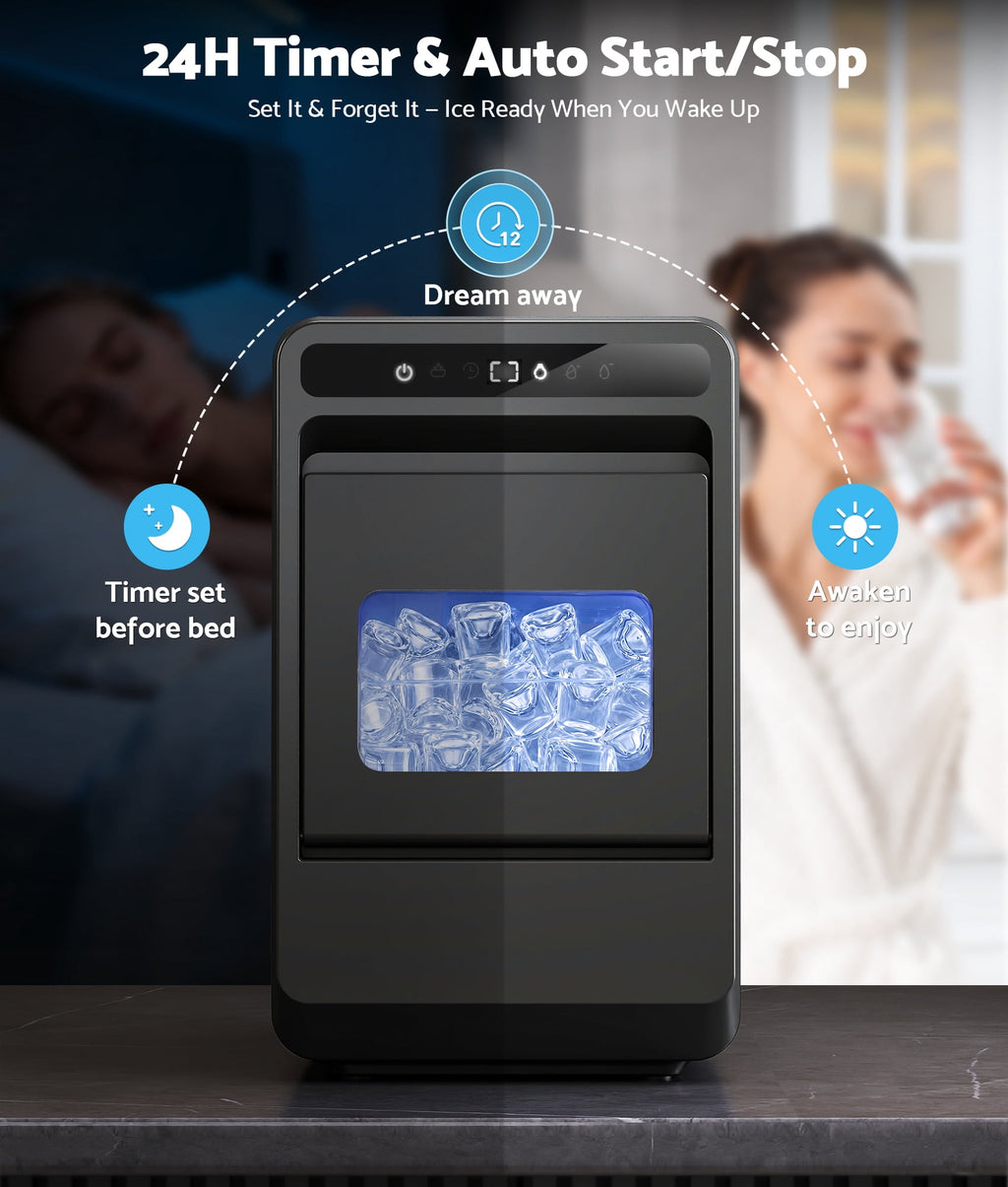 Flamemore Clear Countertop Ice Maker, 8 Crystal Clear 1.2" Large Craft Ice Cubes in 20 Mins, Portable Ice Machine with Self-Cleaning for Home Bar, Whiskey & Cocktails