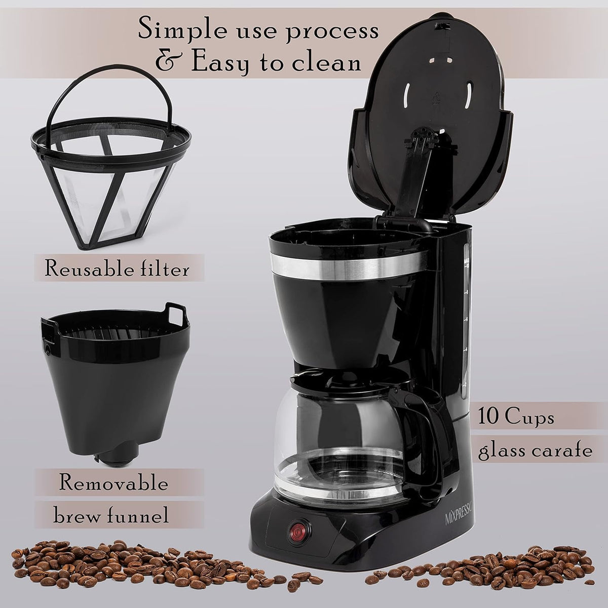 Mixpresso 12 Cup Coffee Pot, Auto-Off & Reusable Filter, Large Drip Coffee Maker 12 Cup Borosilicate Glass Carafe, Anti-Drip Coffee Machine Water Level Window, Black Electric Coffee Maker
