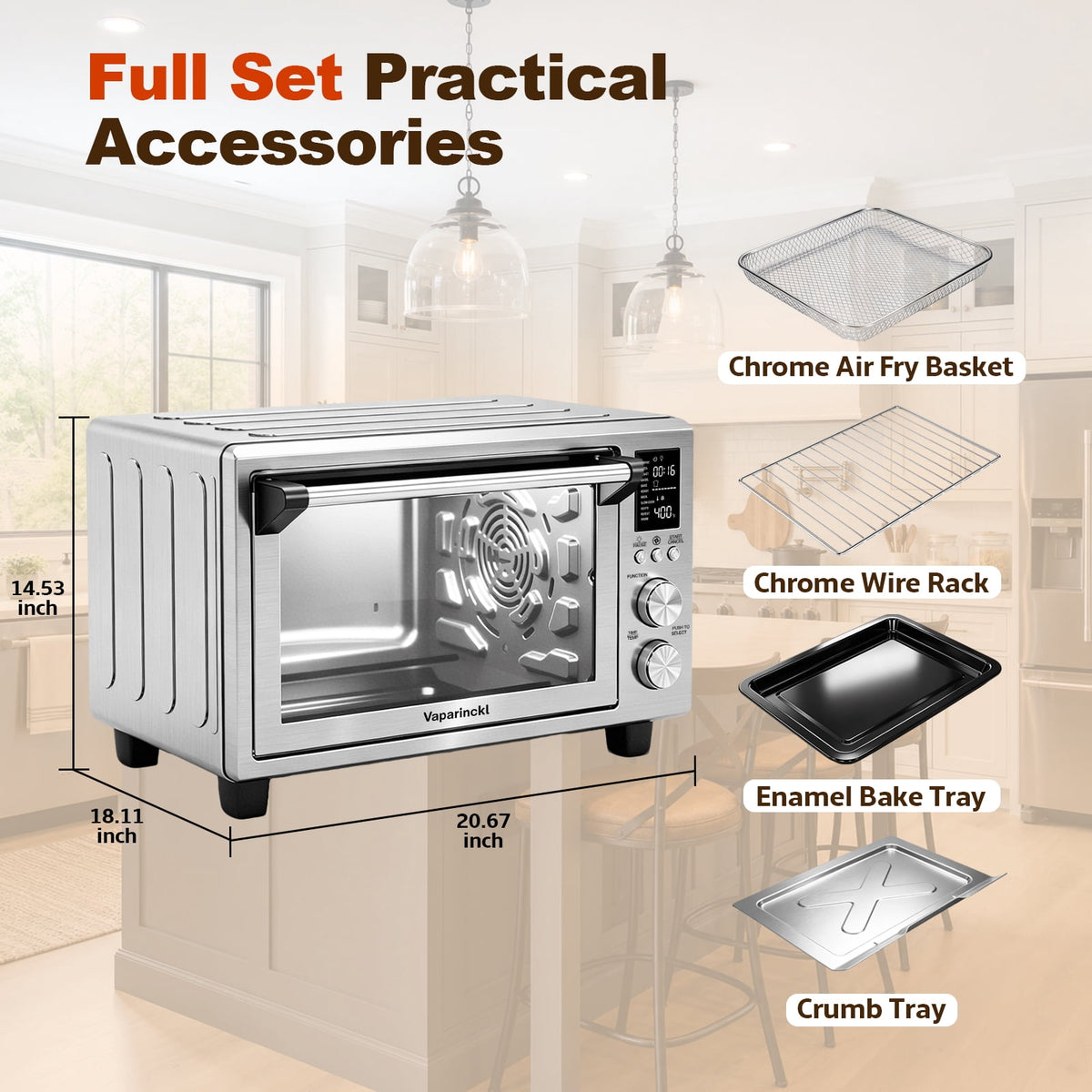 Vaparinckl 26.5QT Air Fryer Toaster Oven, Digital Control with 11-in-1 Multifunction Countertop, Clear-Viewing Window, Oil-Less 1500W, Stainless Steel