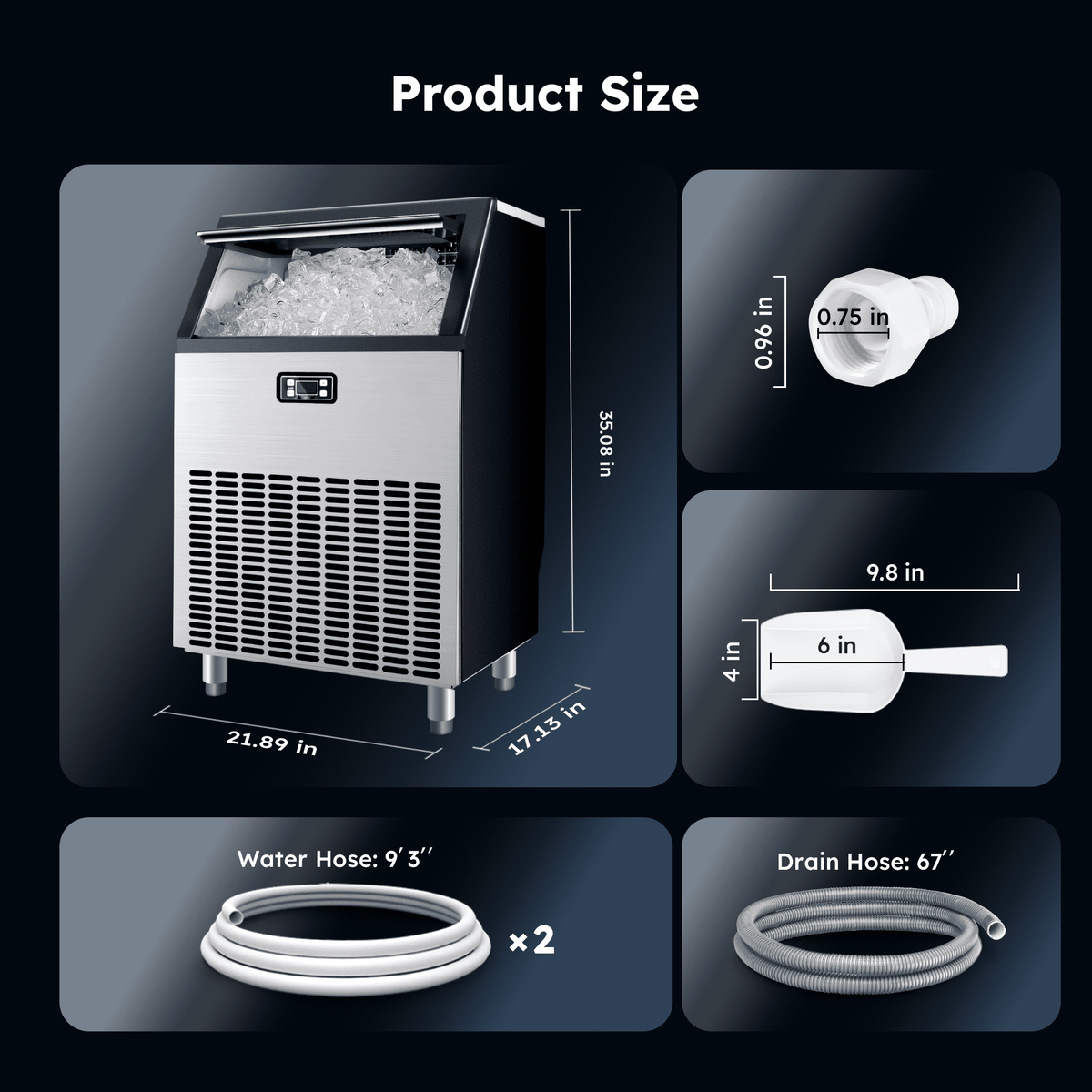 Simzlife Commercial Ice Maker, 100 Lbs/24H, Freestanding or Built-In, 33 Lb Storage Bin, Stainless Steel Ice Machine