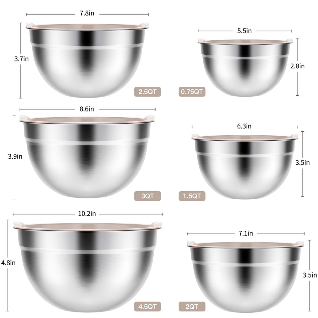 Stainless Steel Mixing Bowls Set, TINANA 6 Pack Mixing Bowls with Lids, Metal Nesting Storage Bowls for Kitchen, 4.5/3/2.5/2/1.5/0.75QT, Great for Prep, Baking, Serving, Multicolor