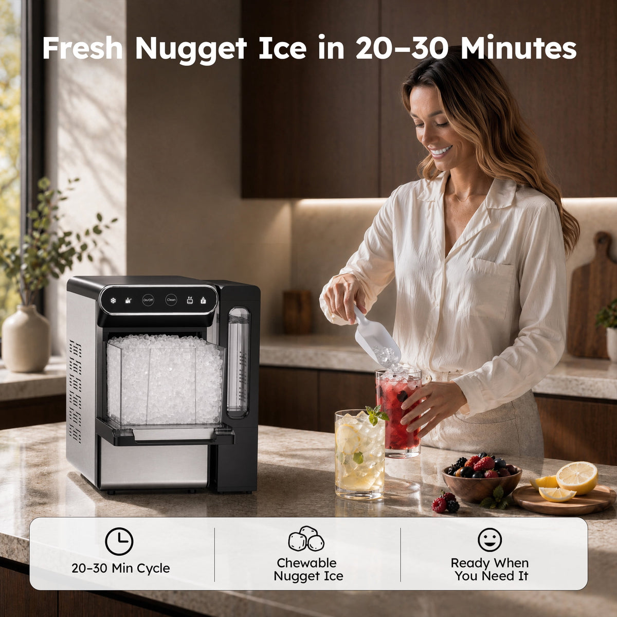 Simzlife Countertop Nugget Ice Maker, 26 Lbs/24H Chewable Sonic Ice, Self-Cleaning Ice Machine, 2.65L Water Tank