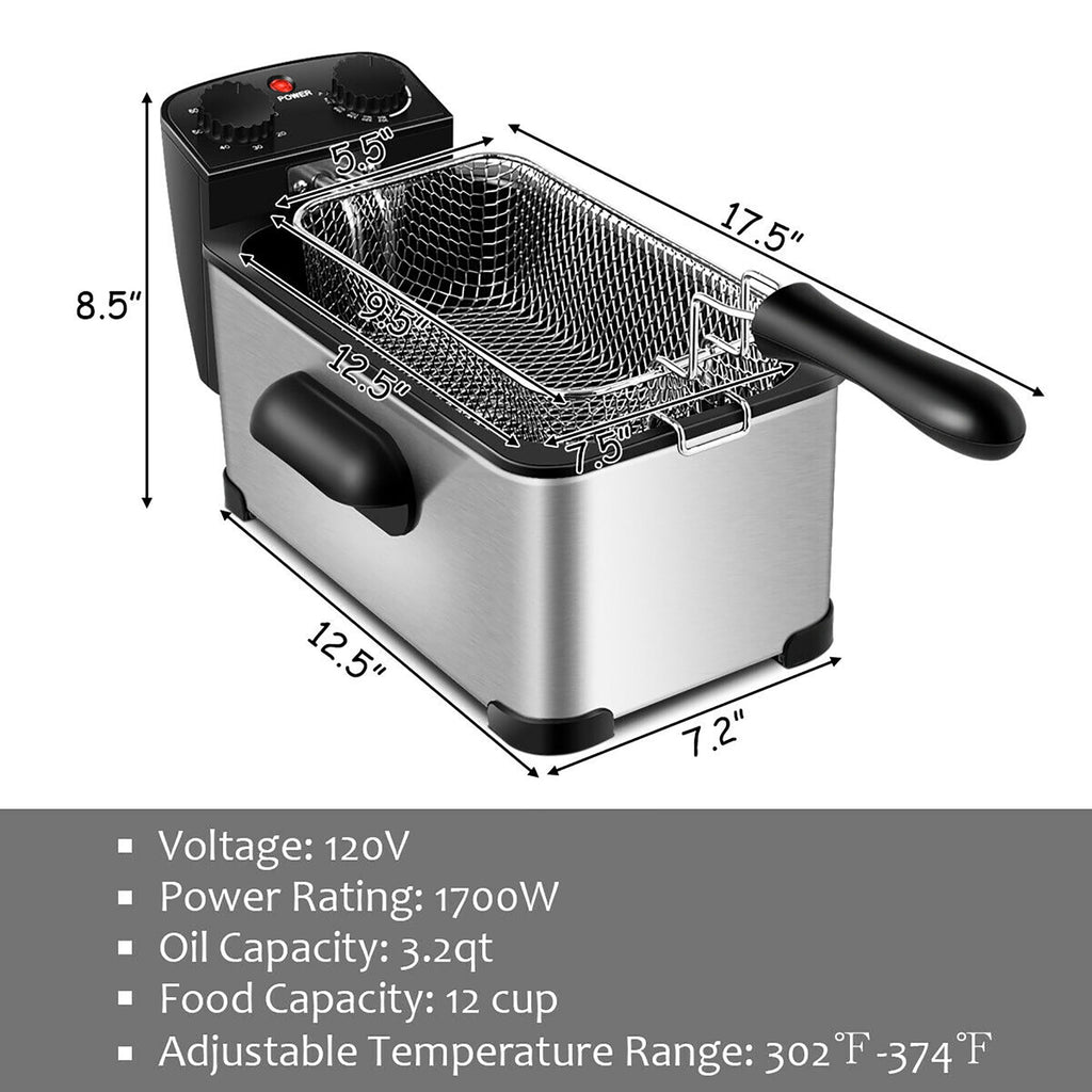Costway Electric Deep Fryer 3.2 QT/12-Cup Stainless Steel 1700W with Frying Basket Silver