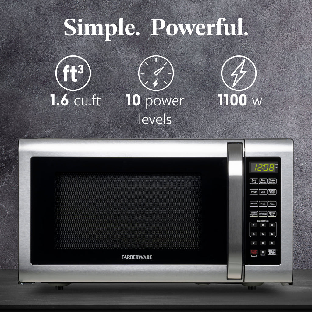 Farberware 1.1 cu ft Microwave Oven, 1000W Professional Countertop Microwave Oven, Stainless Steel