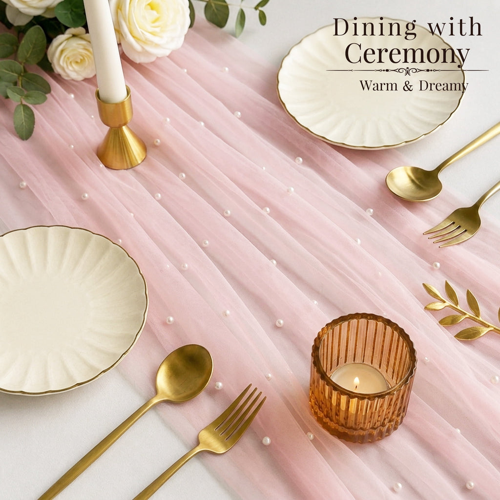 Inosoo Pearl Gauze Table Runner 30x120 inch, 10FT Sheer Tulle Table Decor with Shatterproof Pearls for Wedding Party Dining, White