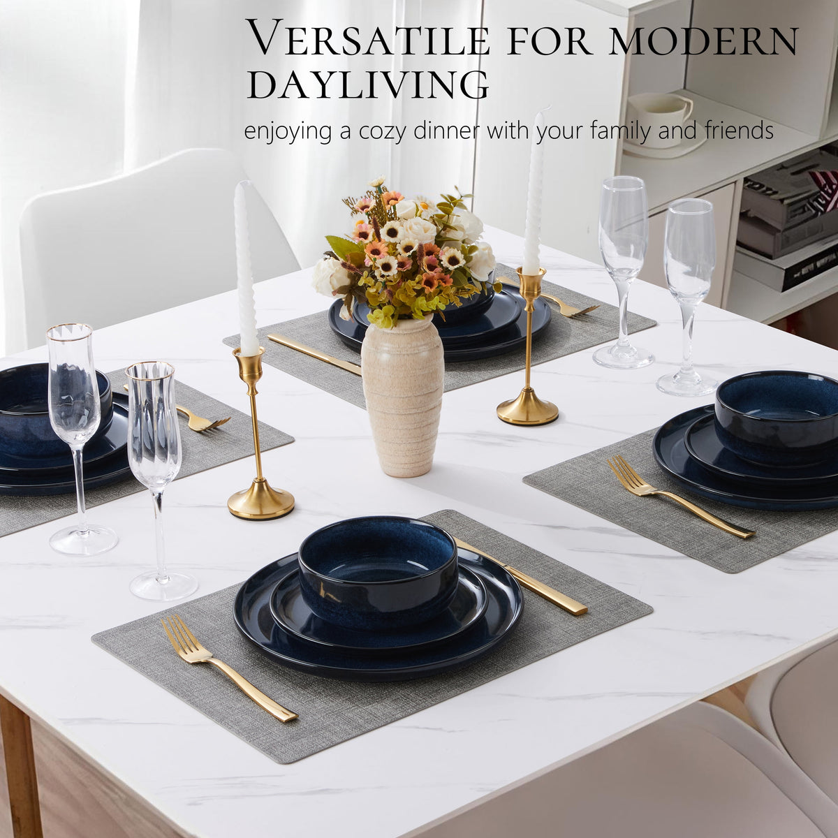 Vesteel Dinnerware Sets for 4, 12-Piece Stoneware Dish and Bowls Set, Handmade Reactive Glaze Coupe Plates Set for Family, Chip & Scratch Resistant - Matte Black