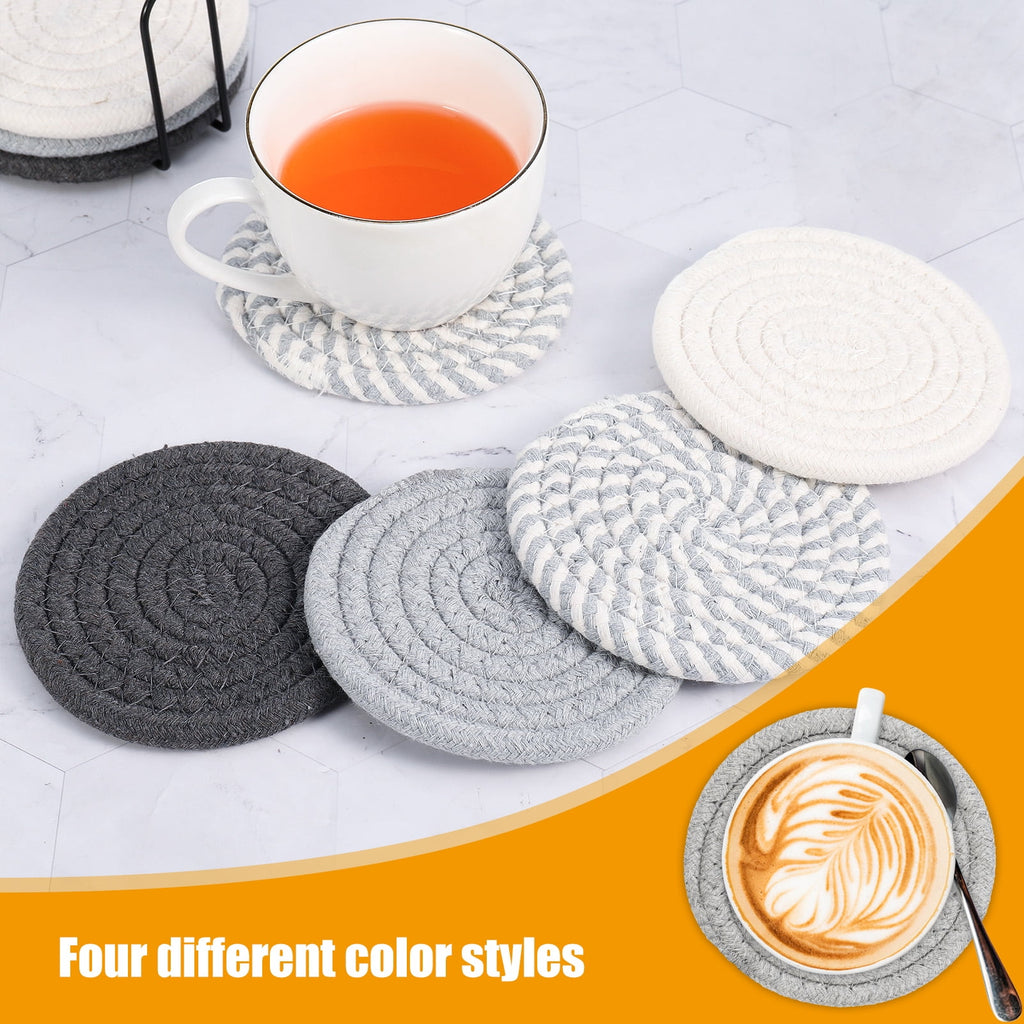 AOWOO 8 Pcs Drink Coasters with Holder, Cotton Woven Absorbent Coasters for Drinks, Minimalist Home Decor Coaster Set for Wooden Tabletop Protection Table(Color 1)