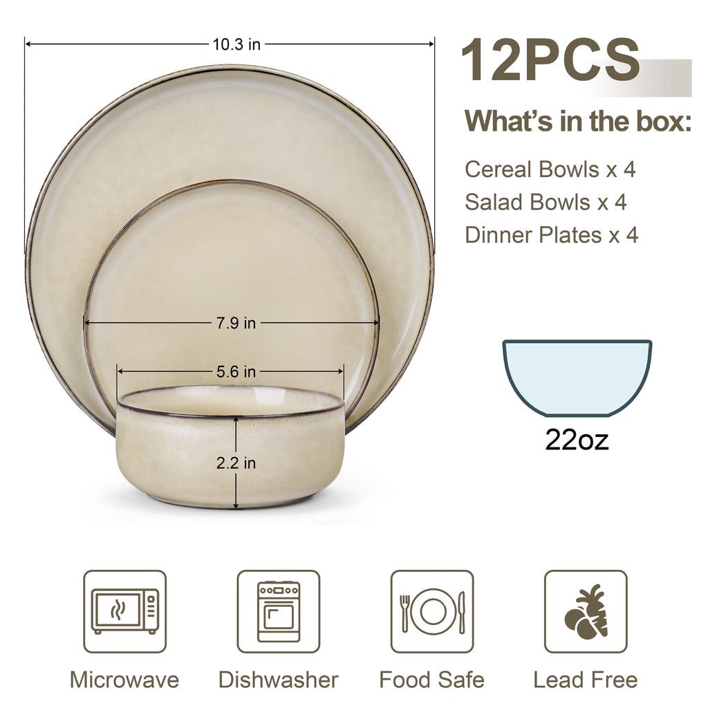 Vesteel Dinnerware Sets for 4, 12-Piece Stoneware Dish and Bowls Set, Handmade Reactive Glaze Coupe Plates Set for Family, Chip & Scratch Resistant - Matte Black