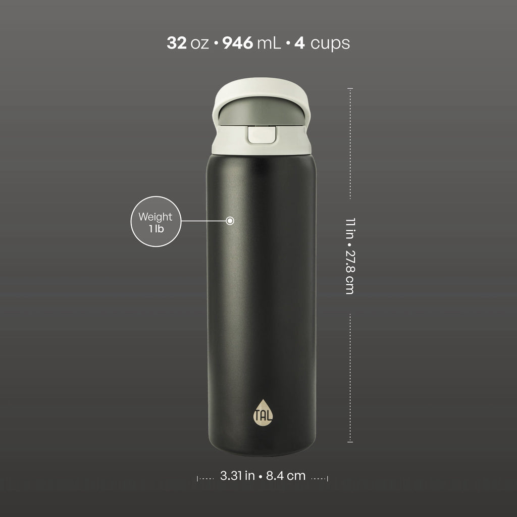 TAL 32oz Stainless Steel 2-in-1 Water Bottle with Straw and Chug Lid, Black