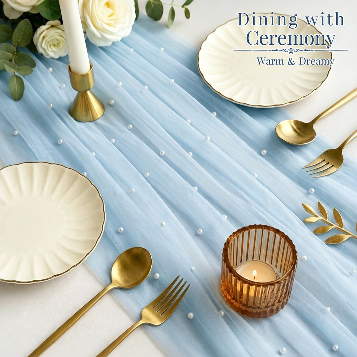 Inosoo Pearl Gauze Table Runner 30x120 inch, 10FT Sheer Tulle Table Decor with Shatterproof Pearls for Wedding Party Dining, White