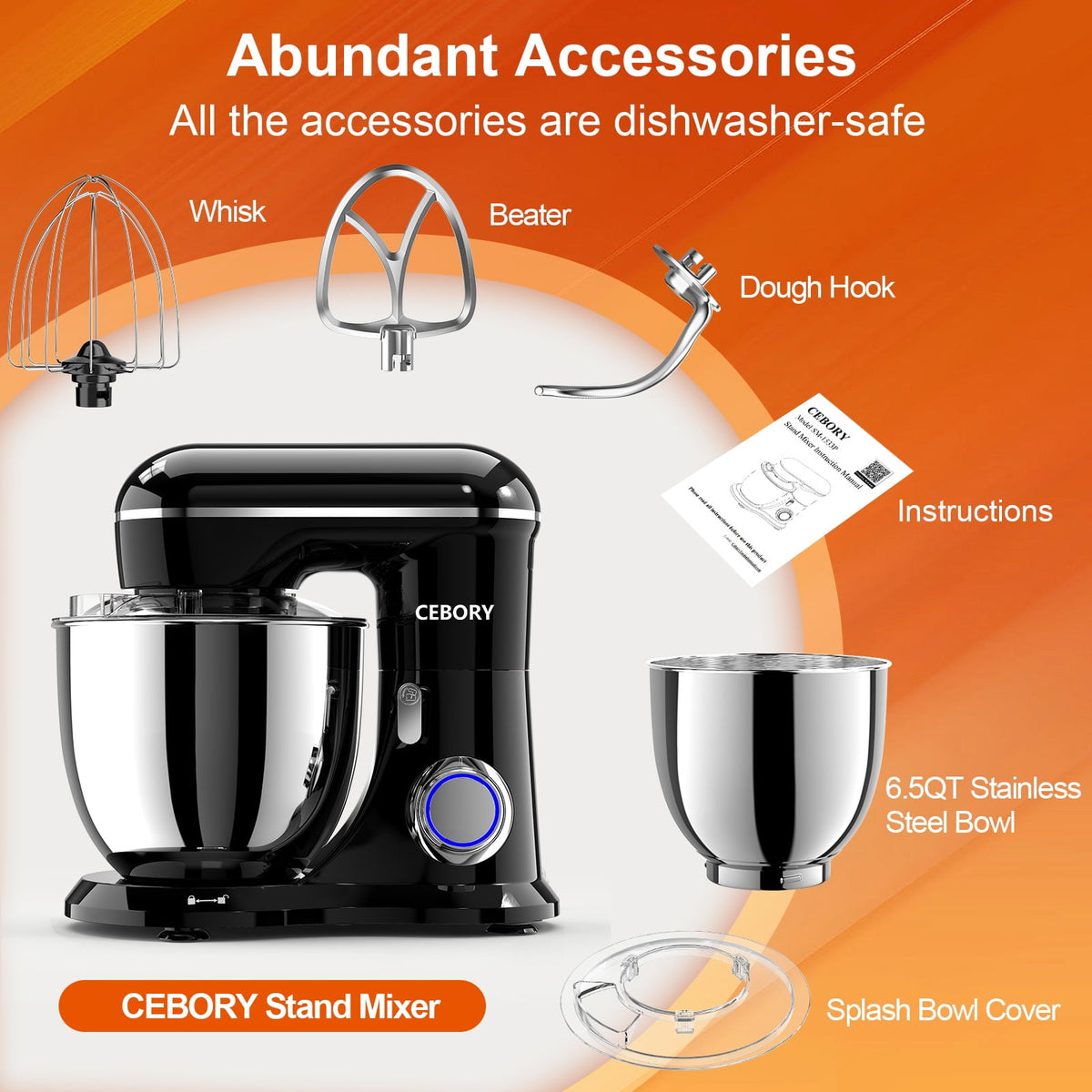 CEBORY 3-IN-1 Stand Mixer, 6.5 QT Tilt-Head 10-Speed Food Mixer, Kitchen Electric Mixer with Dough Hook, Beater, Whisk, Bowl for Most Home Cooks