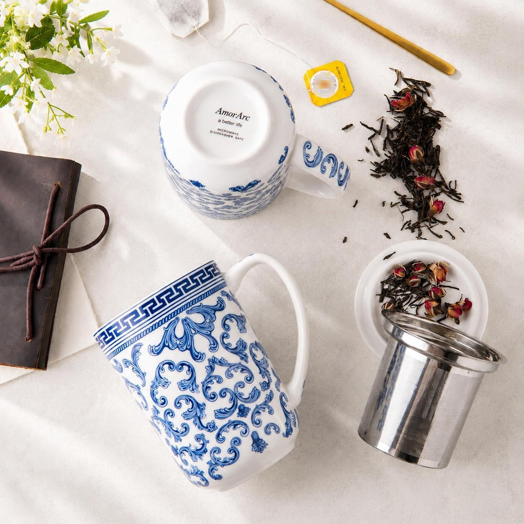 AmorArc Porcelain Tea Mug with Infuser and Lids, 18 Oz Cup Strainer Bag Holder for Loose Leaf Tea, Steeping Coffee Well-wrapped Box House-warming Wedding Birthday Gift, YelloRed