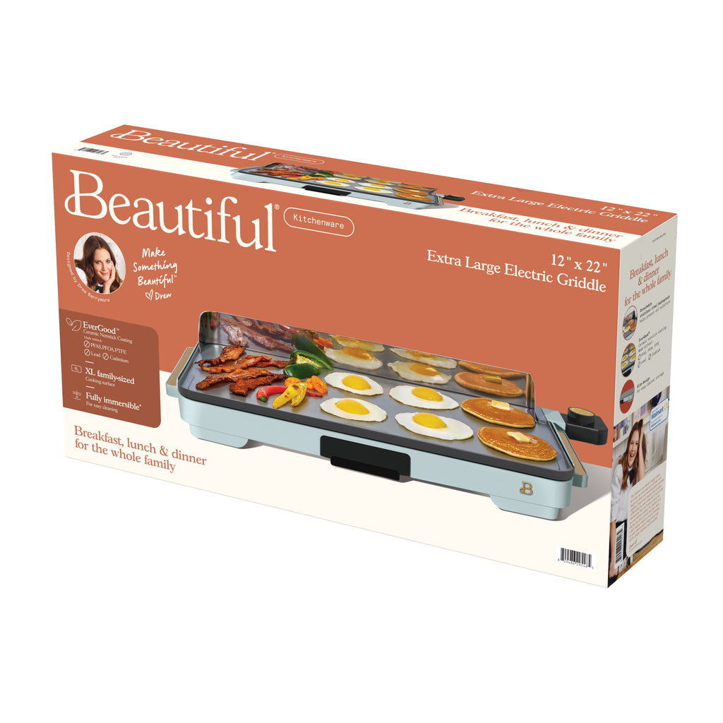 Beautiful XL Electric Griddle 12" x 22" with EverGood Ceramic Nonstick Coating, Thyme Green by Drew Barrymore