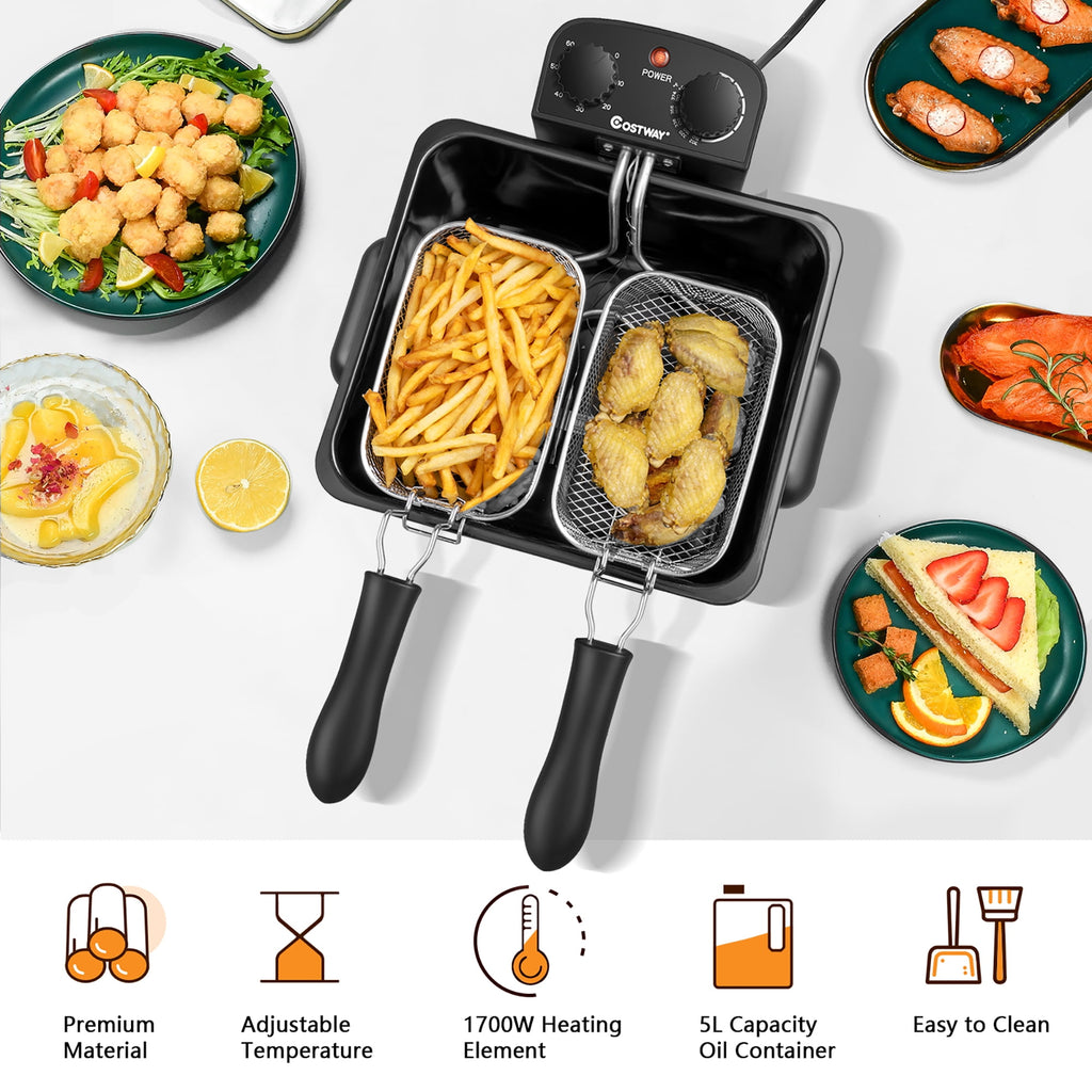 Costway Electric Deep Fryer 5.3 QT/21-Cup Stainless Steel 1700W with Triple Basket Silver