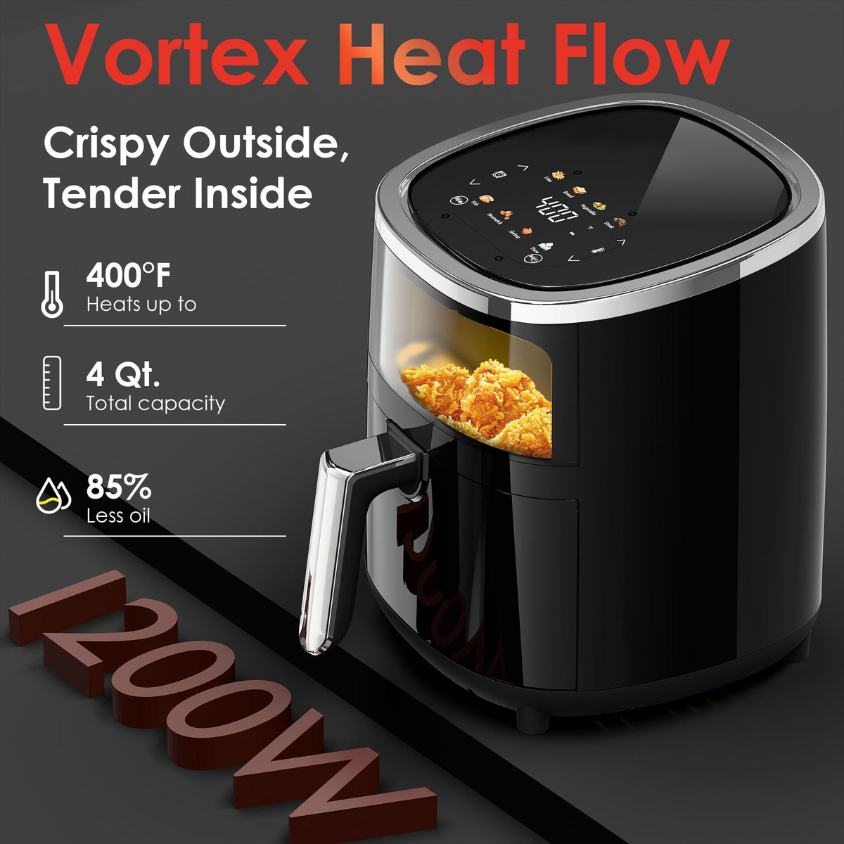 WHALLULTRA 4QT Air Fryer, Smart Touchscreen & View Window, 12 Presets, Vortex Heating, Dishwasher Safe Basket, Obsidian