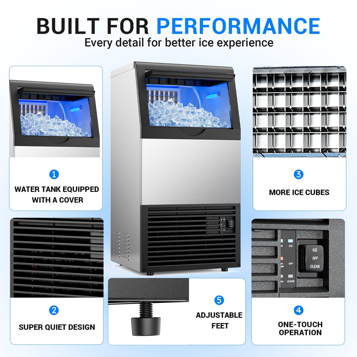 Ecojoy Commercial Ice Maker Machine, 150 Lbs/Day Stainless Steel Under Counter Ice Maker, 40Lbs Ice Storage Bin, Water Filter, 45 Cubes in 8-12 Mins