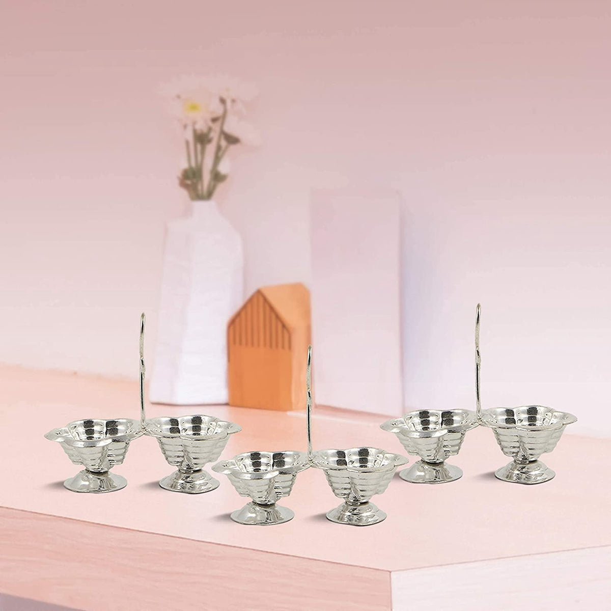 Shubhkart Pack of 3 Silver Plated Haldi Kumkum Holder Stand Set for Puja, Home, Office Décor, Diwali Gift, Festive Gift