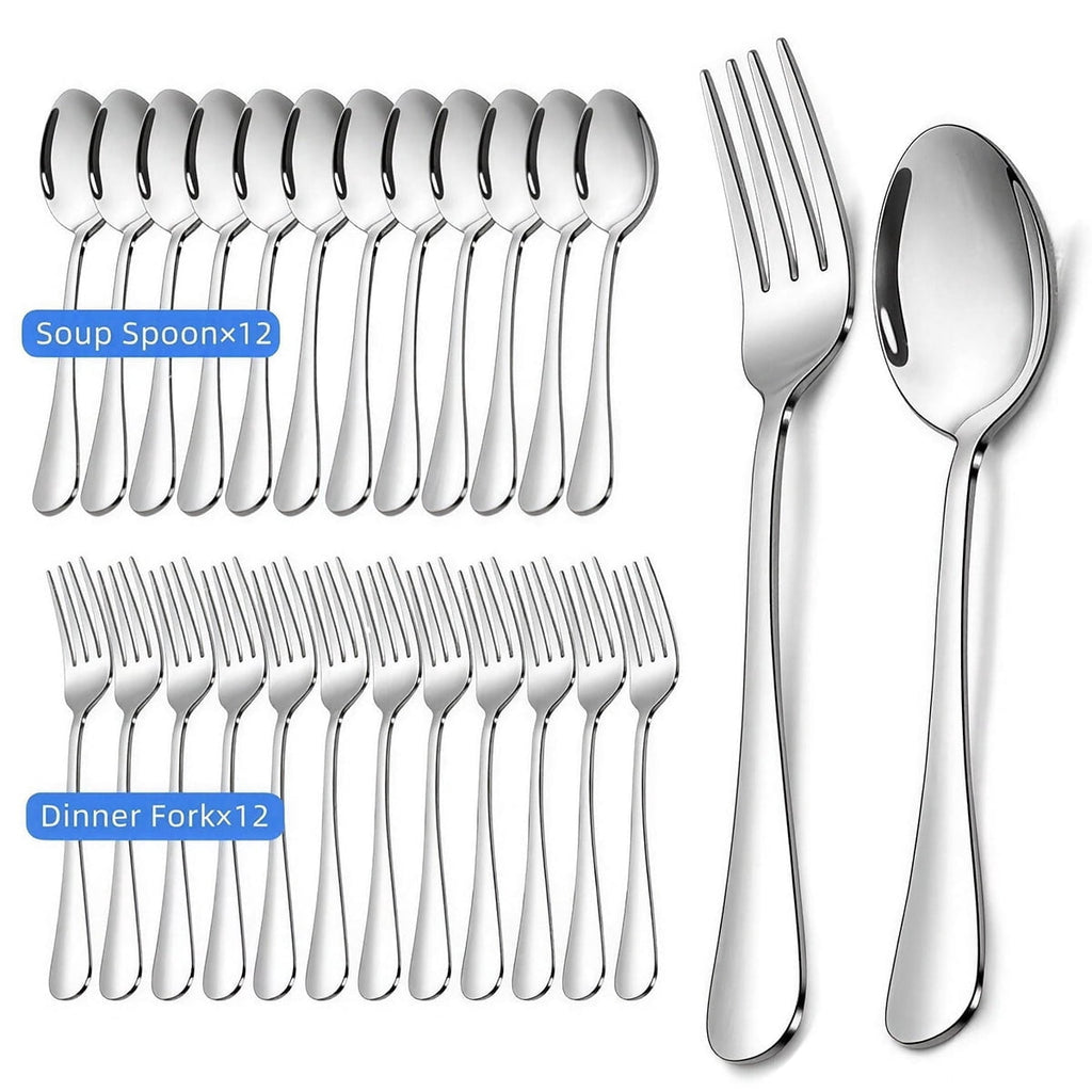 MYVIT 24-Piece Spoons and Forks Set, Stainless Steel Kitchen Silverware Set,Mirror Finish Lunch Serving Utensils Metal Cutlery Dishwasher Safe Flatware Set