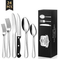 TINANA Silverware Sets, 24 PCS Flatware Set for 4, Stainless Steel Cutlery Utensil Set with Steak Knives Mirror Polished Forks and Spoons, Silver