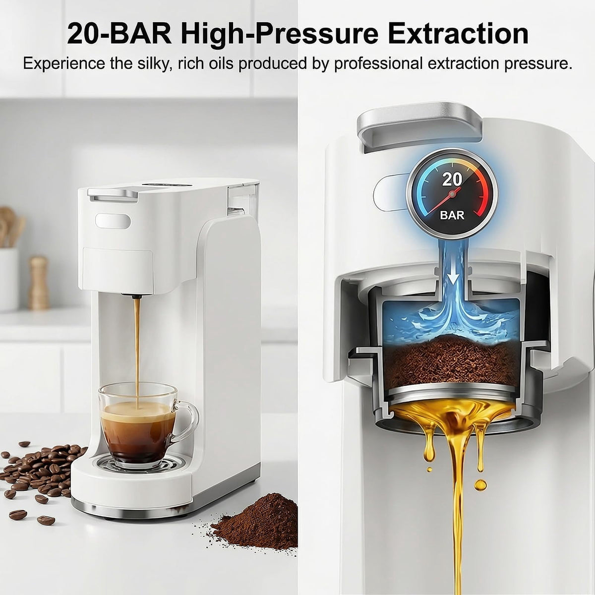 GVODE 4-in-1 Single Serve Coffee Maker, 3-Second Heat-Up, 20 Bar Hot and Iced Espresso Machine, Black