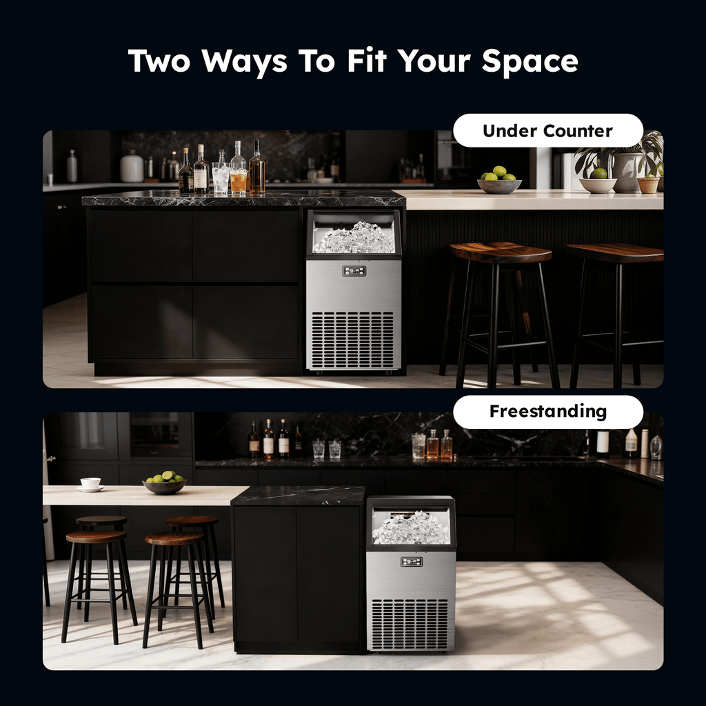 Simzlife Commercial Ice Maker, 100 Lbs/24H, Freestanding or Built-In, 33 Lb Storage Bin, Stainless Steel Ice Machine