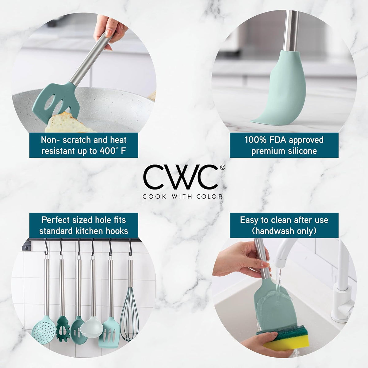 COOK WITH COLOR Kitchen Utensils Set, 10-Piece Cooking Utensils with Holder, Teal